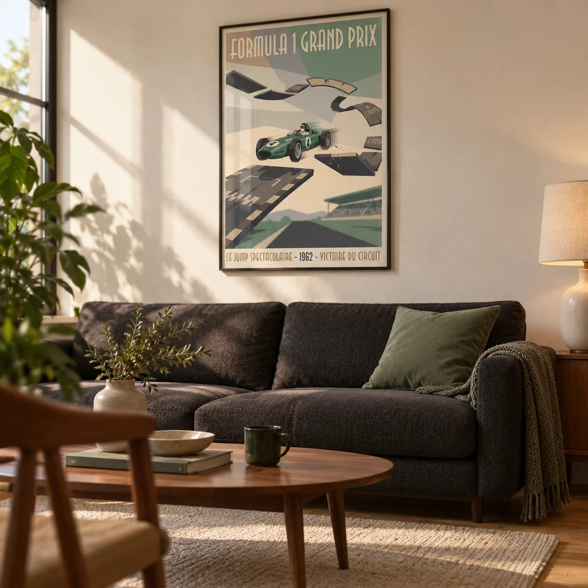 Retro Grand Prix Racing Poster, framed on the wall of a warm mid-century living room in a first flat for a racing fan aged 22-28