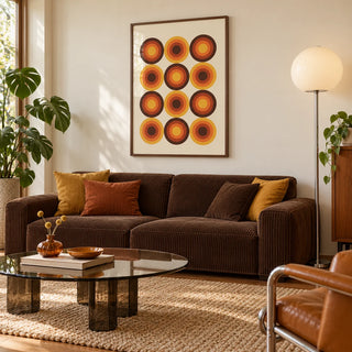 Retro Home Decor, framed on the wall of a 1970s-inspired living room with a cream wall