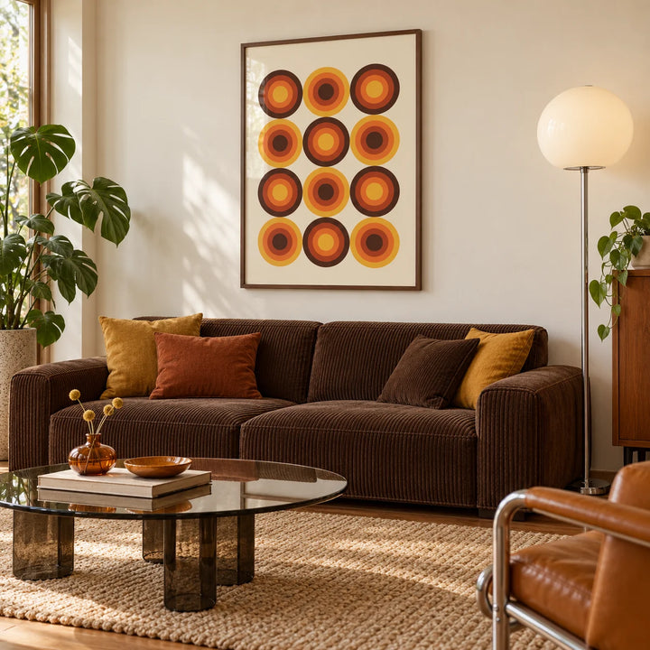 Retro Home Decor, framed on the wall of a 1970s-inspired living room with a cream wall