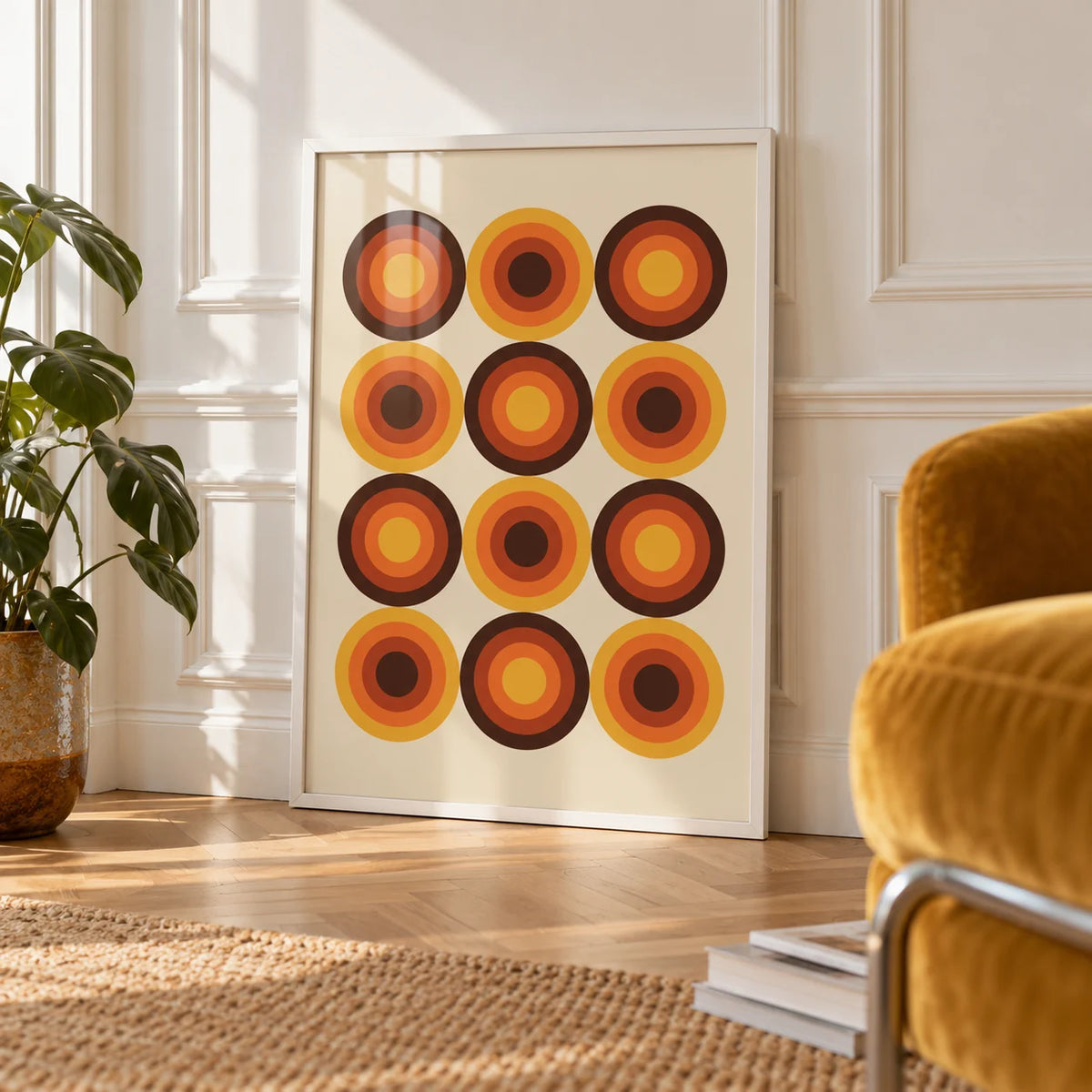 Retro Home Decor, framed on the wall of a bright room with white panelled walls and a herringbone floor in a living room