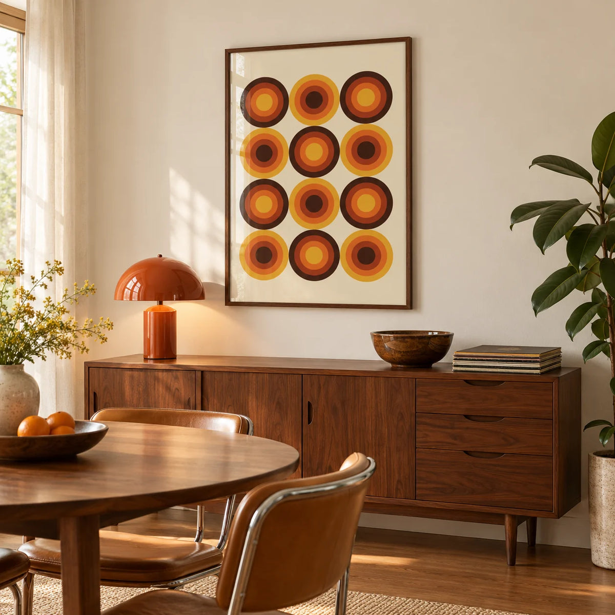Retro Home Decor, framed on the wall of a retro dining nook with a cream wall