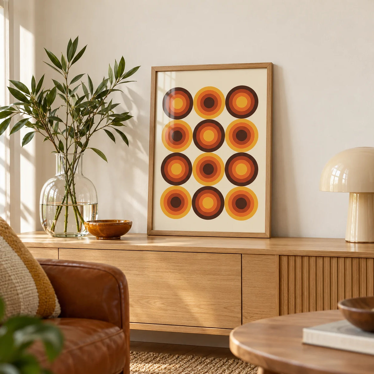 Retro Home Decor, a small A4 framed print leaning on a low pale wooden side table in a hallway