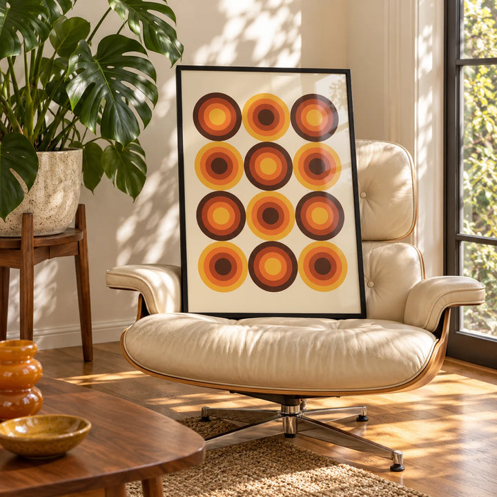 Retro Home Decor, framed on the wall of a sunny living room corner with a tall window