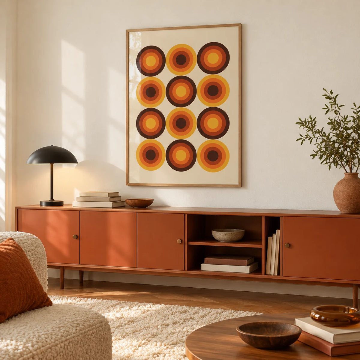 Retro Home Decor, framed on the wall of a warm minimal room with a cream wall and a shaggy cream rug in a home office