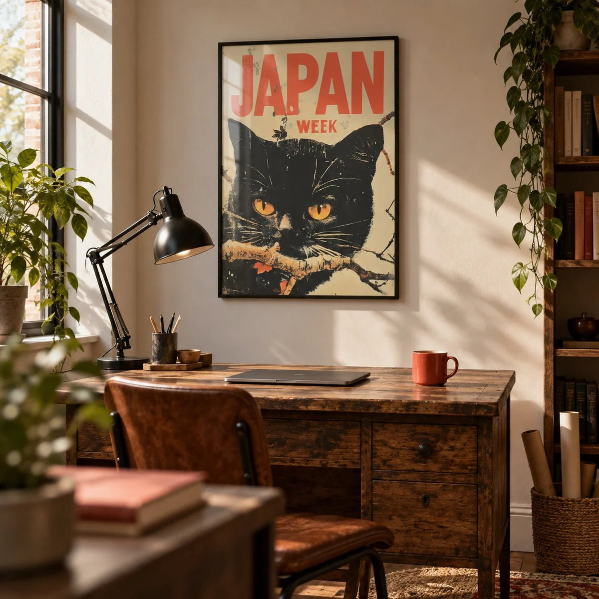 Retro Japanese Art, framed on the wall of a characterful home office