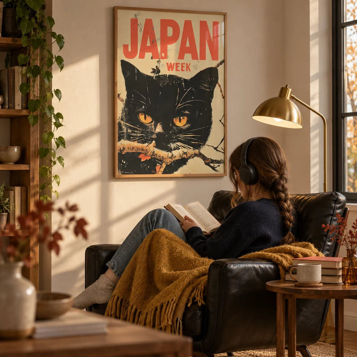 Retro Japanese Art, framed on the wall of a cosy reading nook in a living room