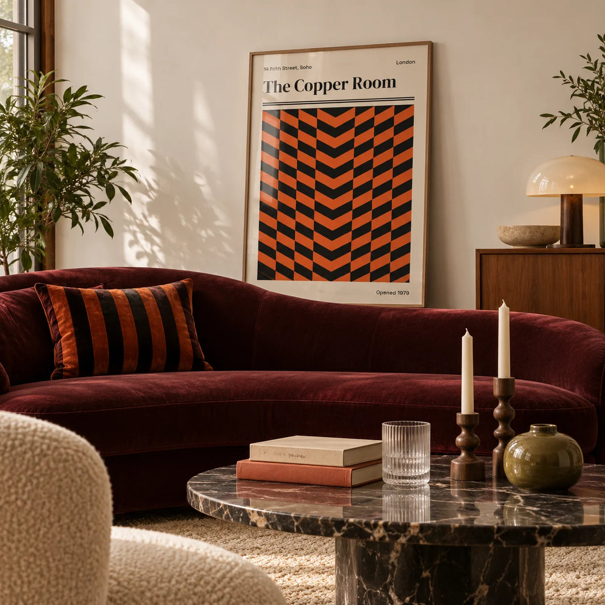 Retro London Poster, framed on the wall of a calm living room with a warm white wall