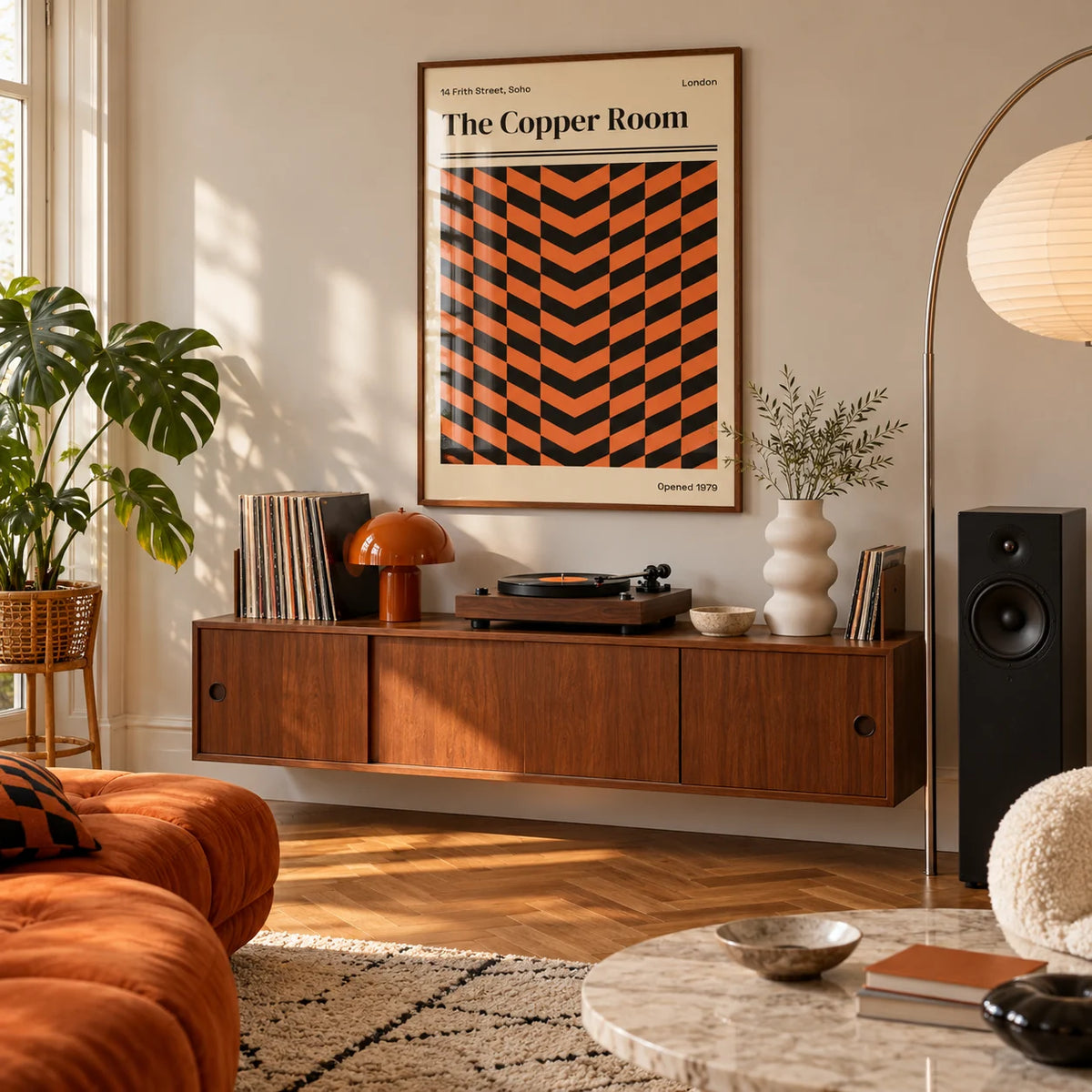 Retro London Poster, framed on the wall of a living room with herringbone parquet