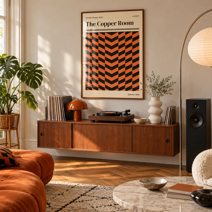 Retro London Poster, framed on the wall of a living room with herringbone parquet
