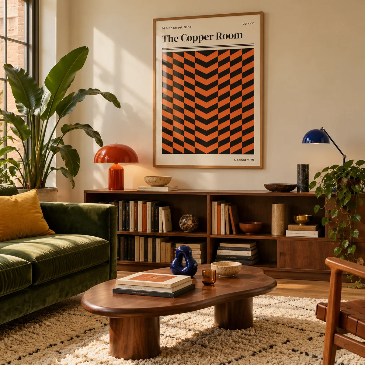 Retro London Poster, framed on the wall of a warm mid-century living room