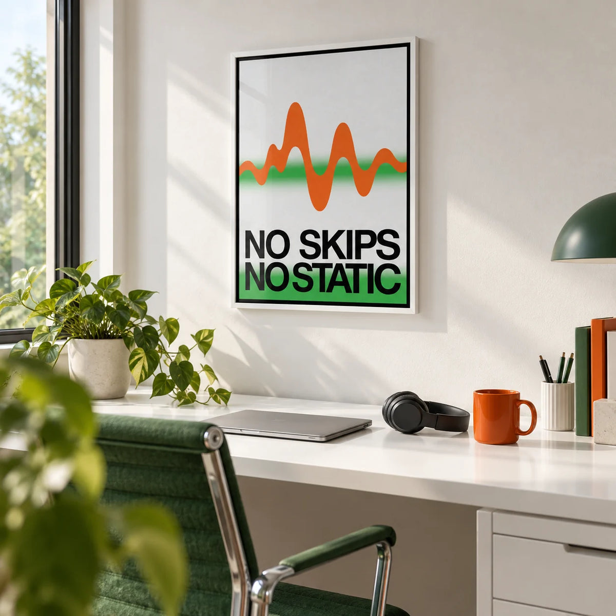 Retro Music Poster, framed on the wall of a crisp home office