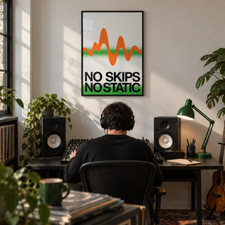 Retro Music Poster, framed on the wall of a home music studio in a home office