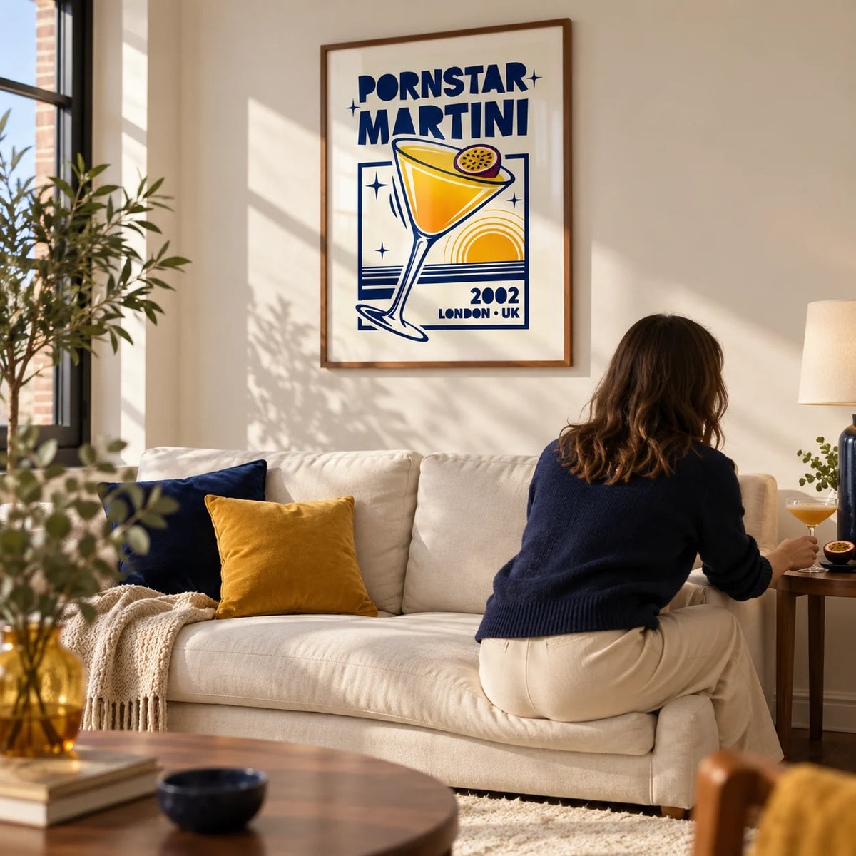Retro Passion Fruit Martini Poster, framed on the wall of a warm modern living room in a UK flat with an ivory wall and walnut floor