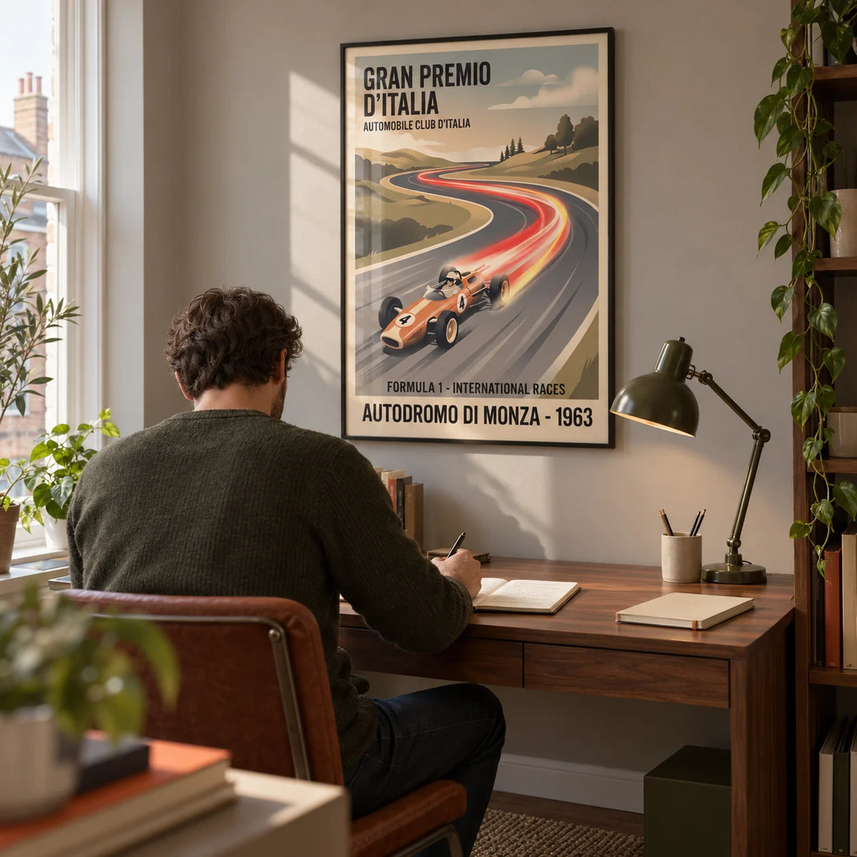 Retro Racing Art Print, framed on the wall of a compact home study in a British terraced house with a warm grey wall and a walnut desk