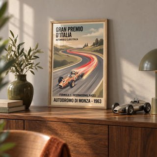 Retro Racing Art Print, a small A4 framed print leaning on a walnut sideboard in a living room