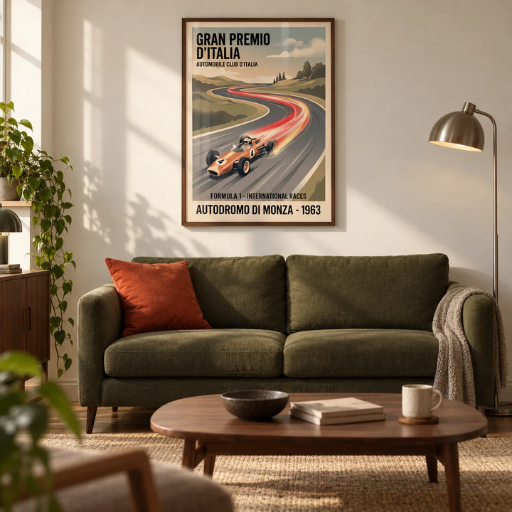 Retro Racing Art Print, framed on the wall of a warm modern living room in a UK first flat for a racing enthusiast (22-28)