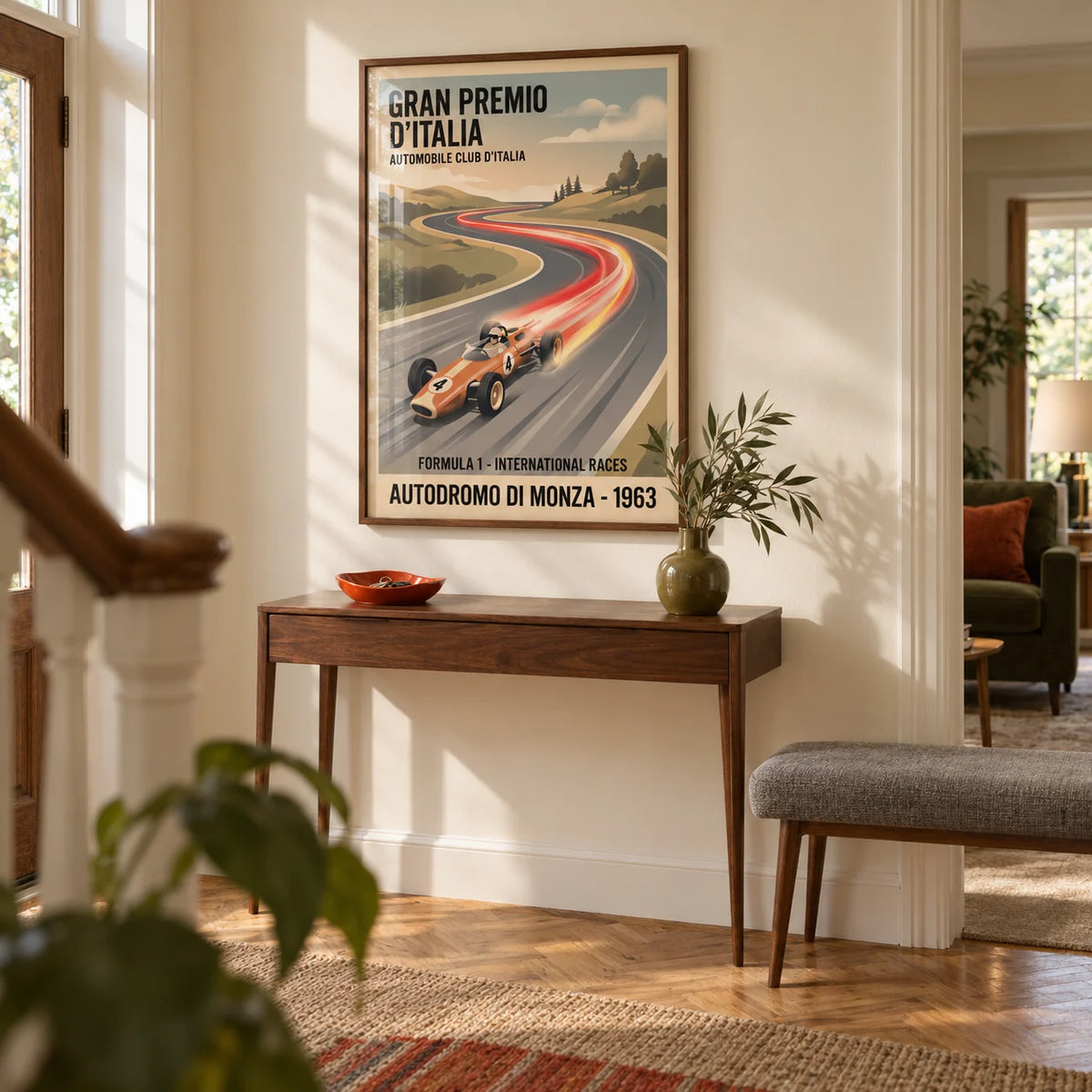 Retro Racing Art Print, framed on the wall of a welcoming hallway in a British mid-century house with a warm cream wall and oak parquet flooring