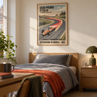 Retro Racing Art Print, framed on the wall of a young adult racing fan's single bedroom (18-24) in a UK flat