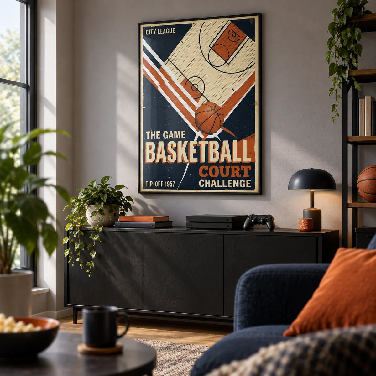 Retro Sports Wall Art, framed on the wall of a games room in a family home with a grey wall in a hallway