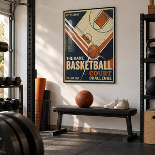 Retro Sports Wall Art, framed on the wall of a garage home gym with a white wall