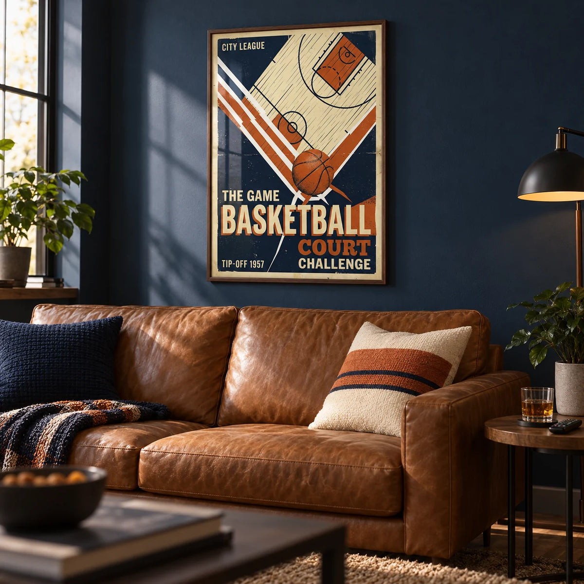 Retro Sports Wall Art, framed on the wall of a man cave with a navy wall in a living room