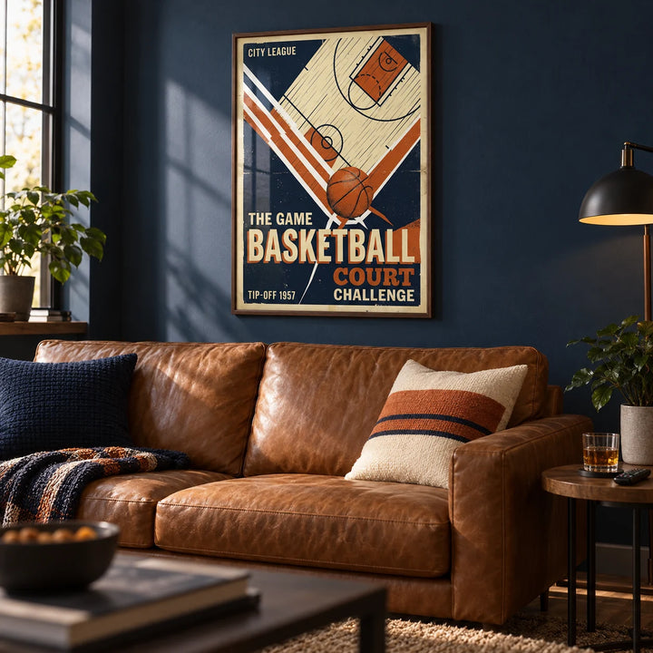 Retro Sports Wall Art, framed on the wall of a man cave with a navy wall in a living room