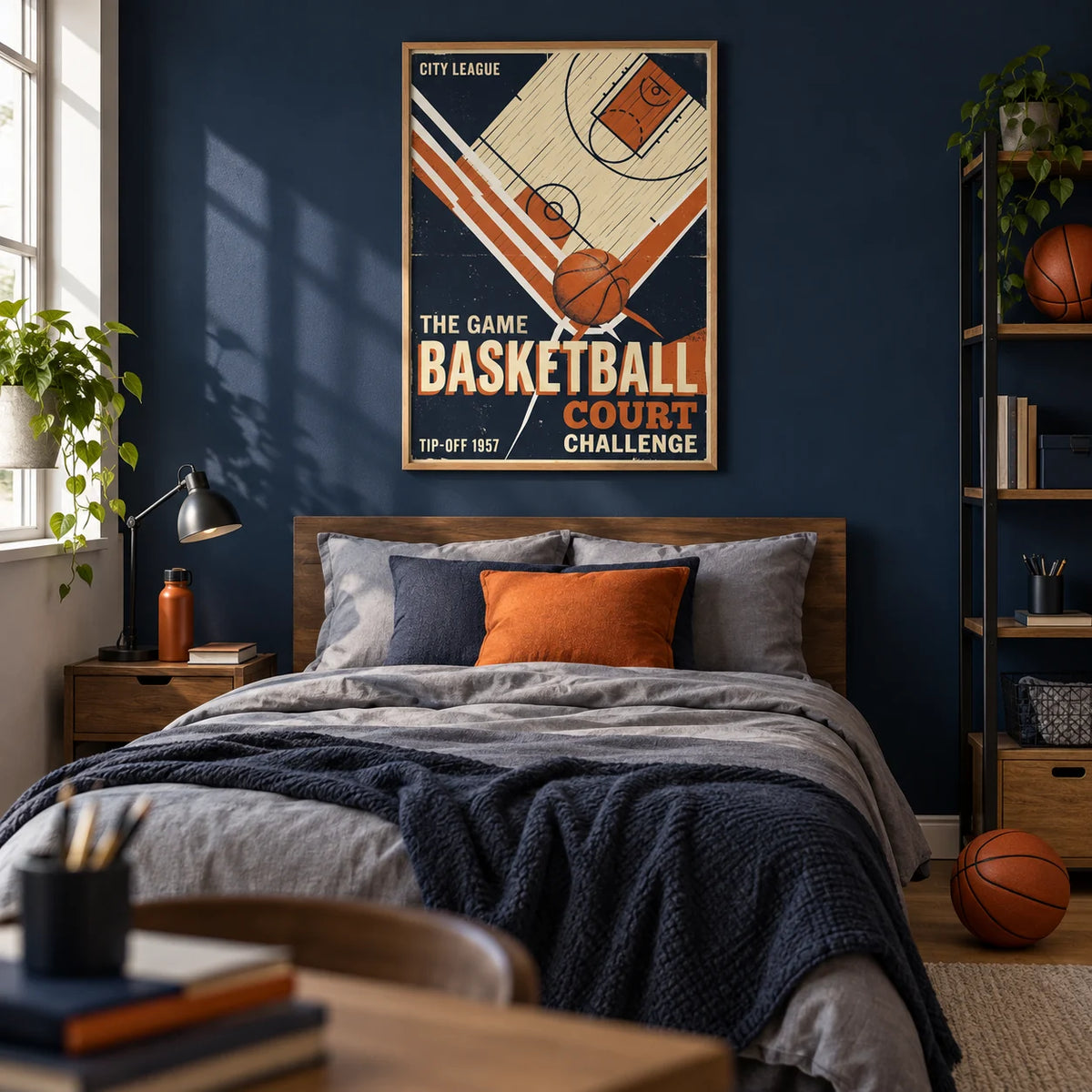 Retro Sports Wall Art, framed on the wall of a sporty teenager's bedroom (13-17) with a navy painted wall