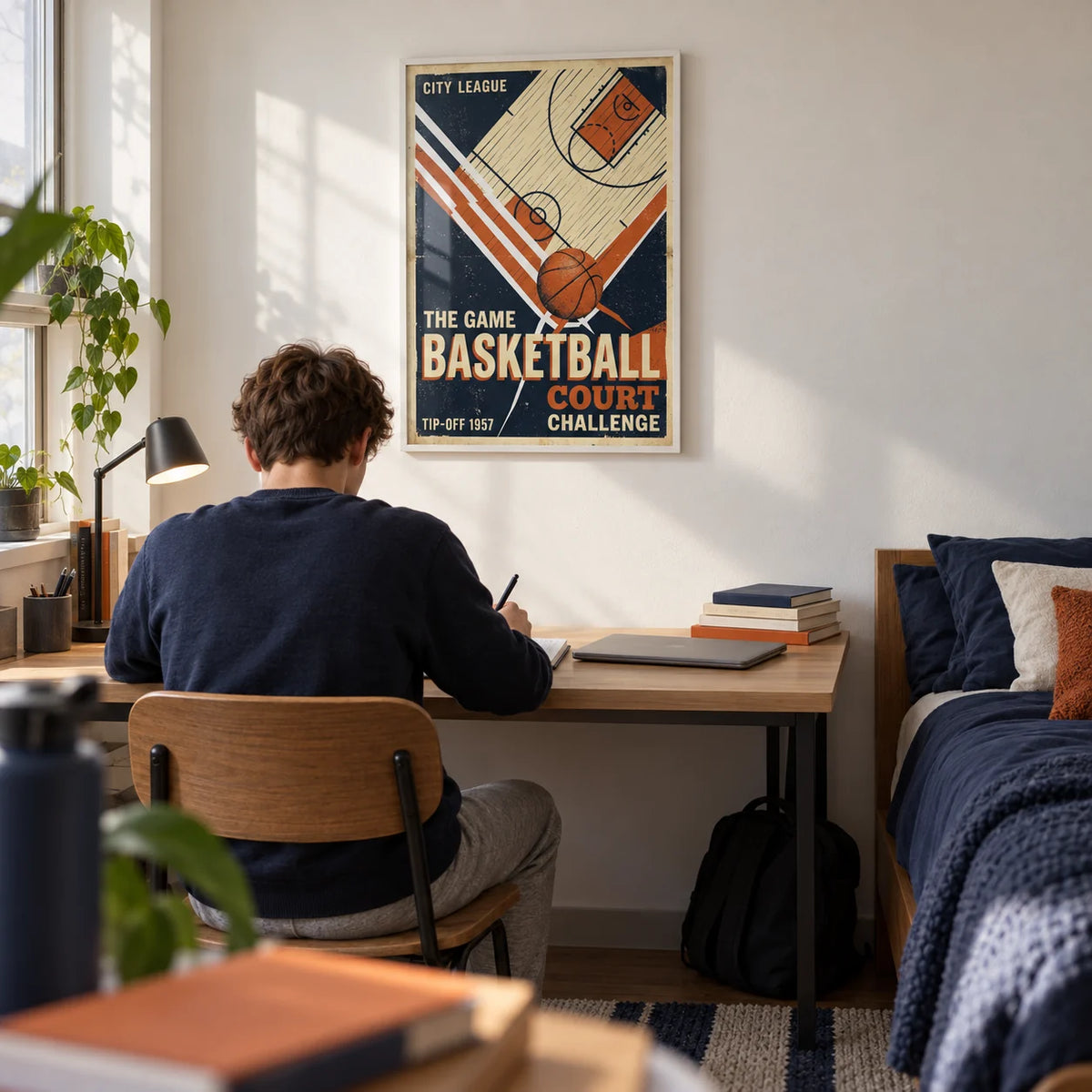 Retro Sports Wall Art, framed on the wall of an uni room (18-21) with a white wall in a bedroom