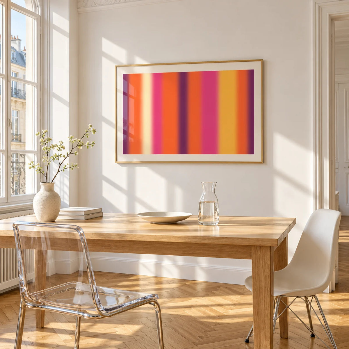 Retro Sunset Print, framed on the wall of a bright dining corner