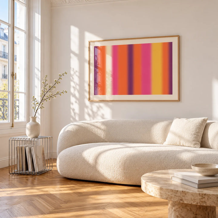 Retro Sunset Print, framed on the wall of a bright living room corner