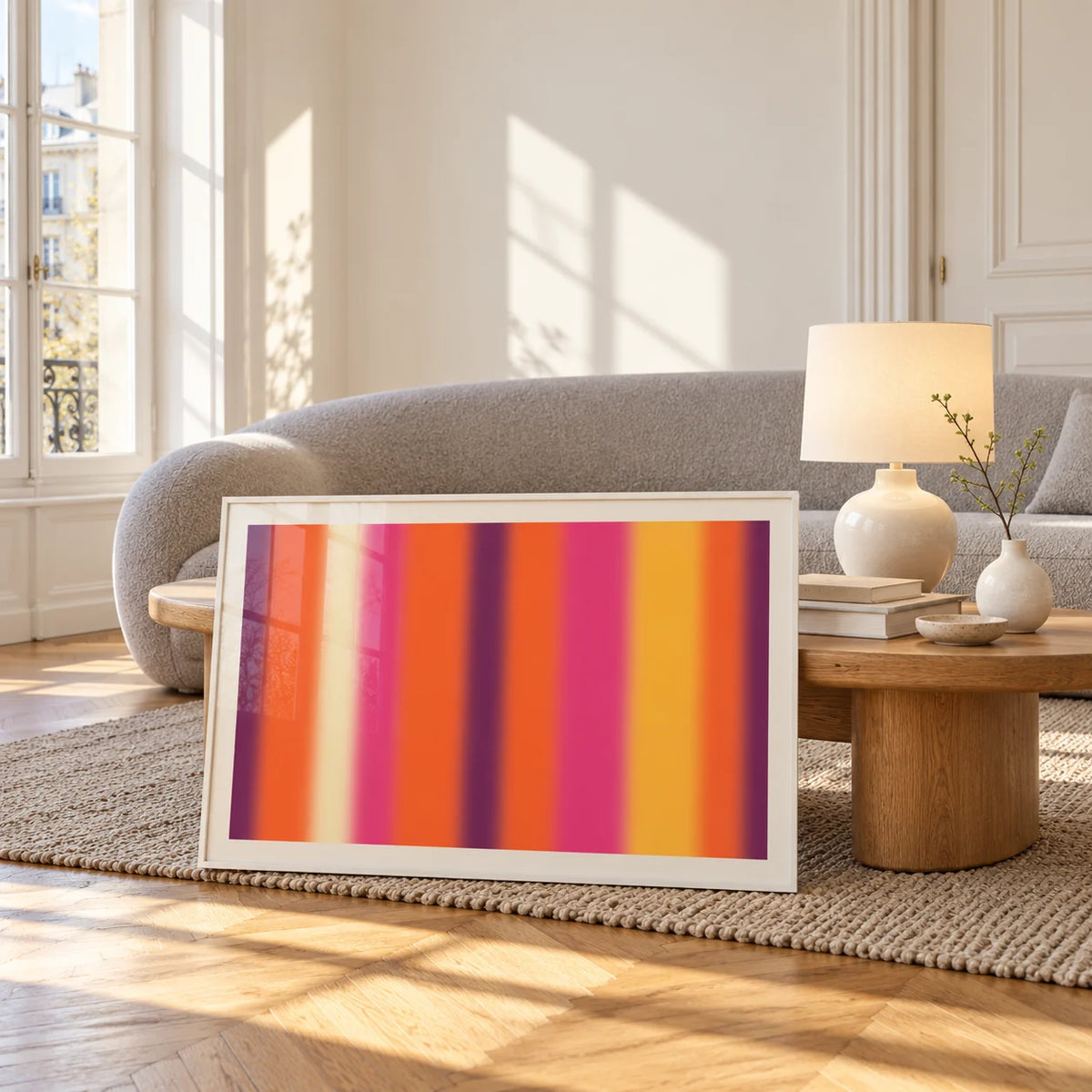 Retro Sunset Print, framed and leaning against a coffee table in a bright living room