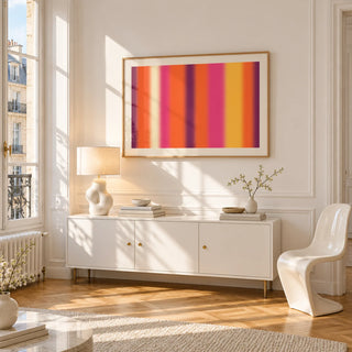 Retro Sunset Print, framed on the wall of a bright Paris style apartment in a living room
