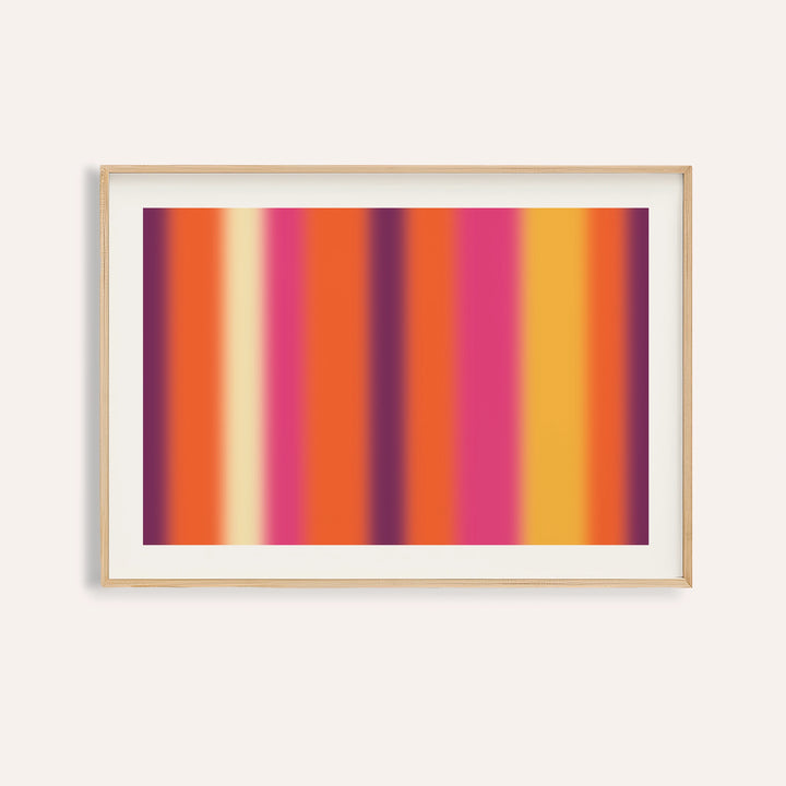Retro sunset print with soft vertical stripes of orange, pink and plum