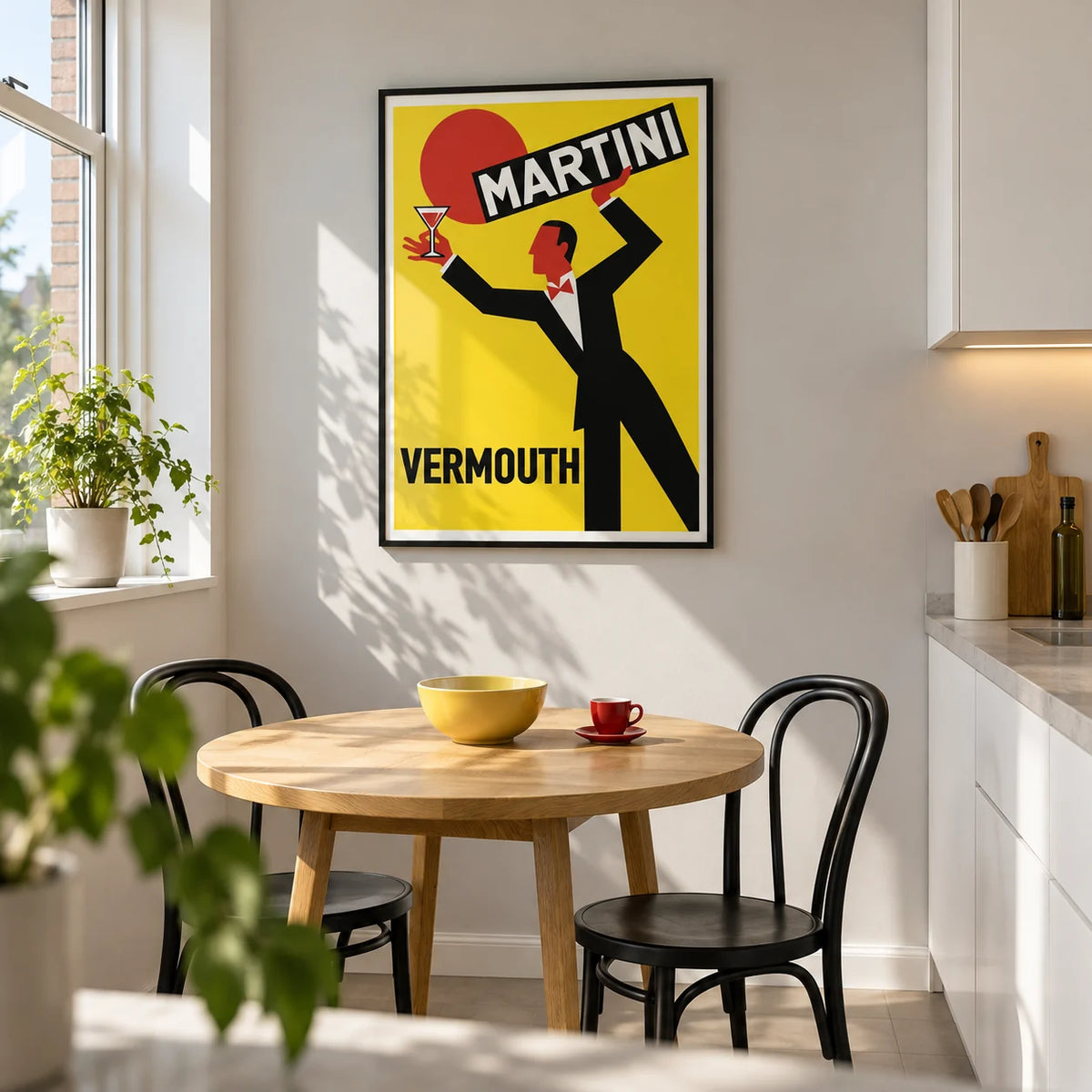 Retro Vermouth Bar Poster, framed on the wall of a bright modern kitchen in a UK first flat (25-35) with flat-front white cabinets and a pale grey wall