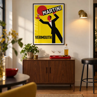 Retro Vermouth Bar Poster, framed on the wall of a compact home bar in a design-led UK city flat with a warm white wall and oak floor in a living room