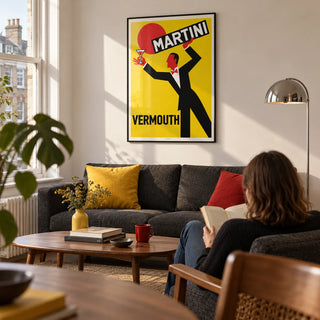 Retro Vermouth Bar Poster, framed on the wall of a retro modern living room in a UK city flat with a soft white wall