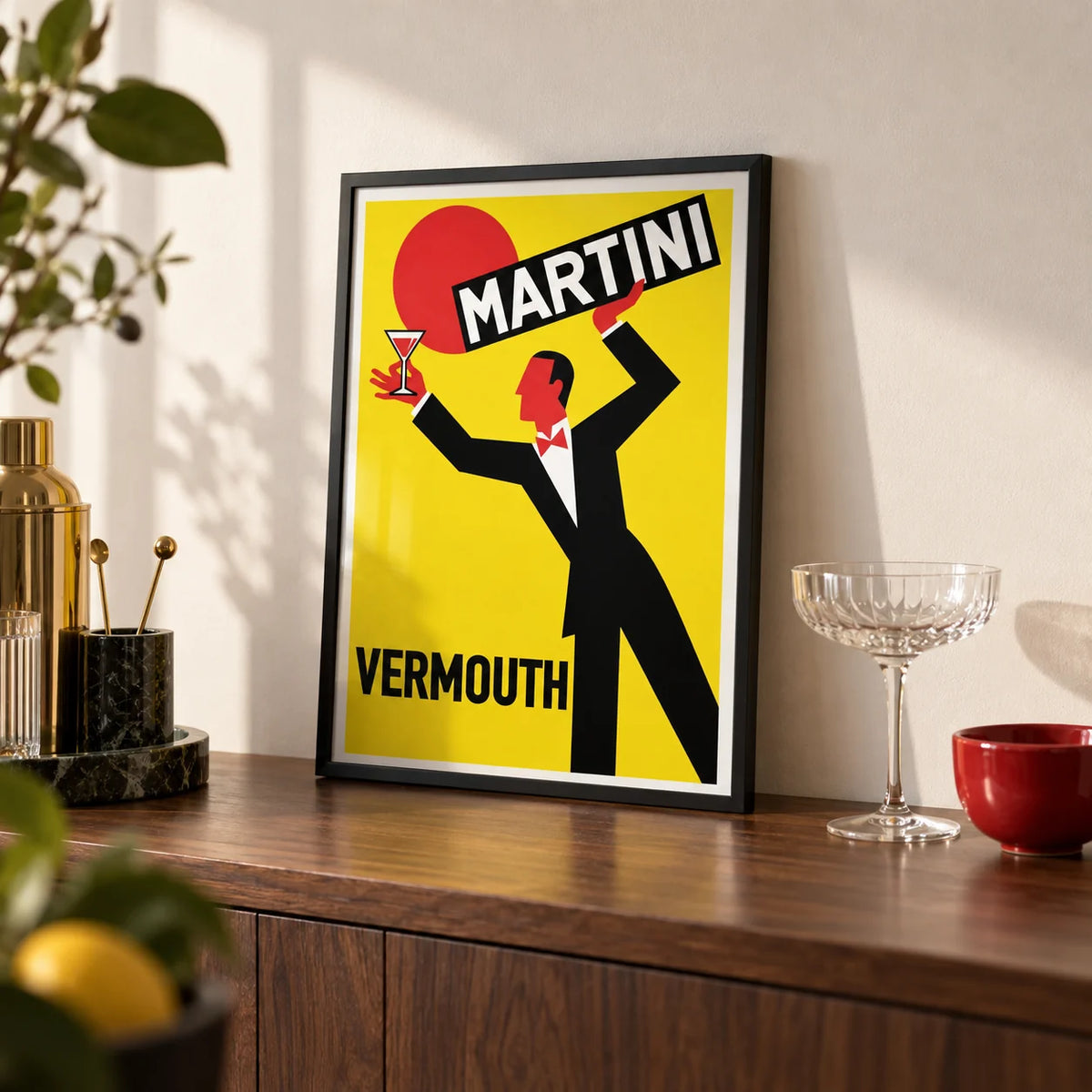 Retro Vermouth Bar Poster, a small A4 framed print leaning on a walnut home-bar worktop in a kitchen