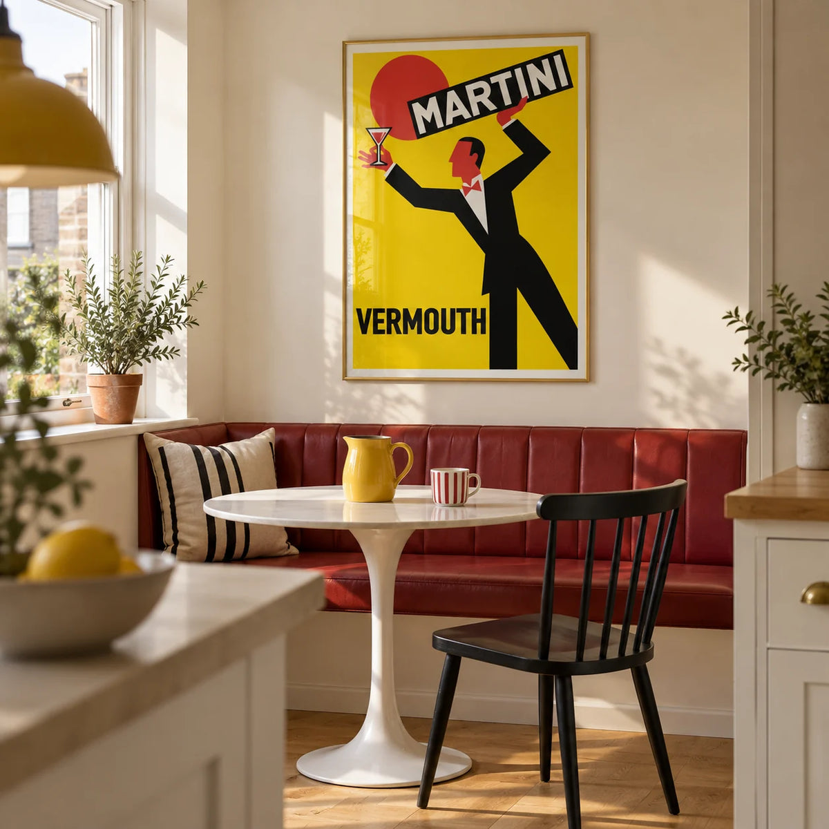 Retro Vermouth Bar Poster, framed on the wall of a small kitchen-dining nook in a renovated UK terrace with a pale cream wall