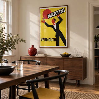 Retro Vermouth Bar Poster, framed on the wall of a warm modern dining room in a UK terraced house with an ivory plaster wall