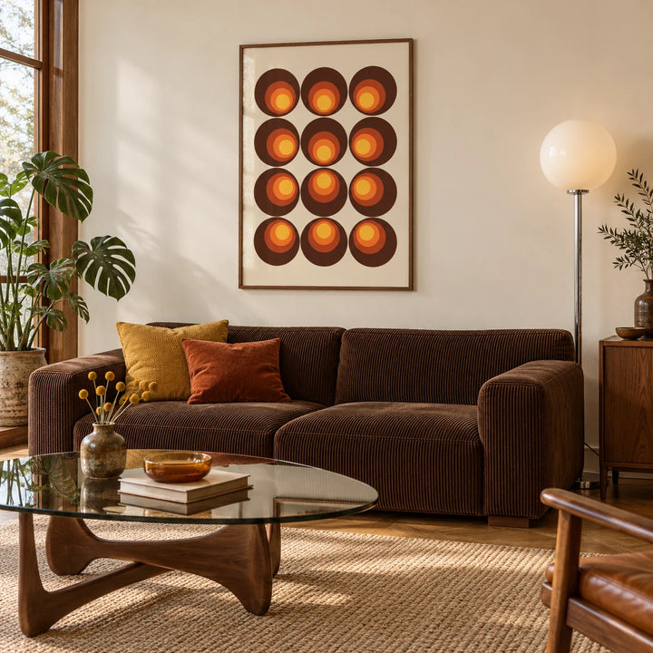 Retro Wall Art, framed on the wall of a 1970s-inspired living room with a cream wall