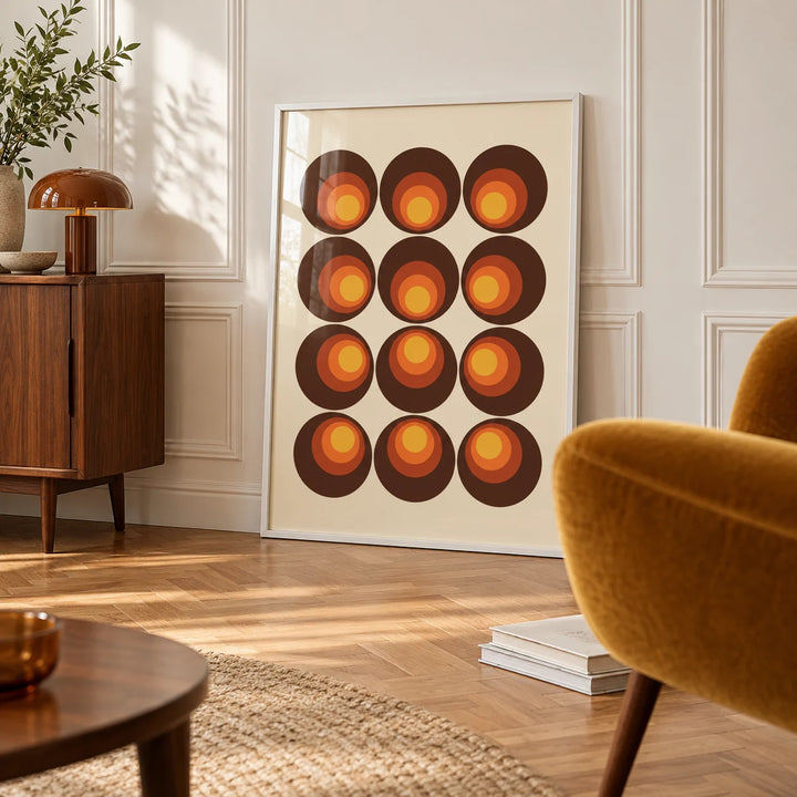 Retro Wall Art, framed on the wall of a bright room with white panelled walls and a herringbone floor in a living room