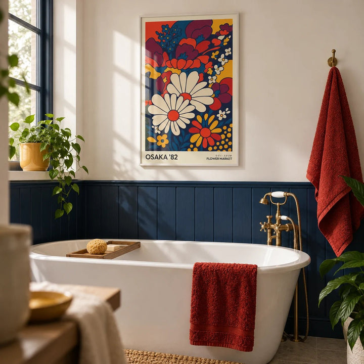 Retro Wall Art Prints, framed on the wall of a bright bathroom with solid navy painted panelling and a white wall above
