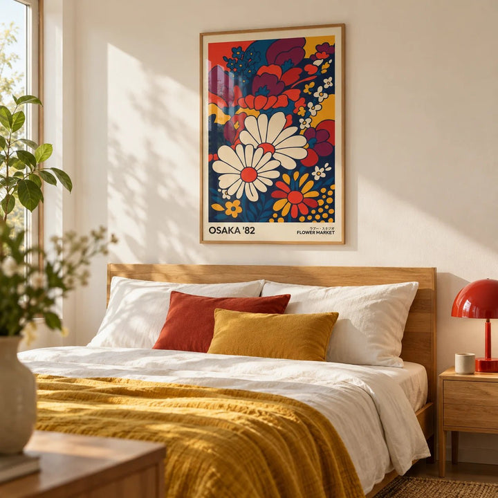 Retro Wall Art Prints, framed on the wall of a cheerful bedroom with a plain cream wall