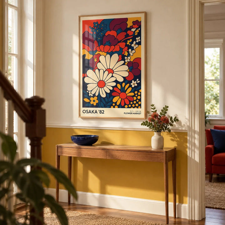 Retro Wall Art Prints, framed on the wall of a retro hallway with a mustard yellow painted lower wall and cream above