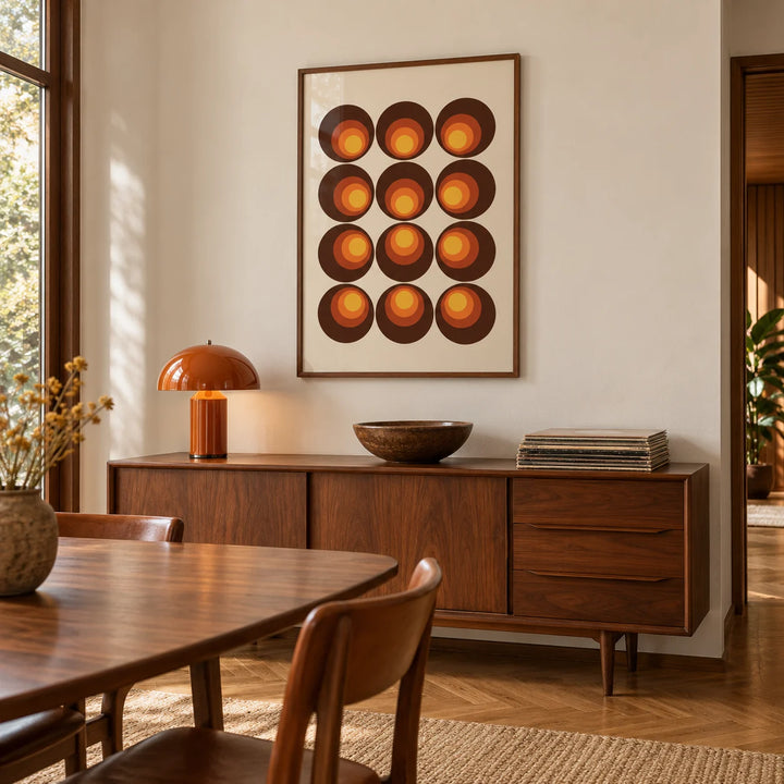Retro Wall Art, framed on the wall of a retro dining nook with a cream wall