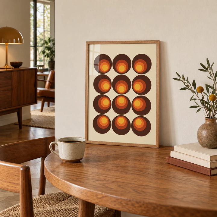 Retro Wall Art, a small A4 framed print leaning on a round oak table