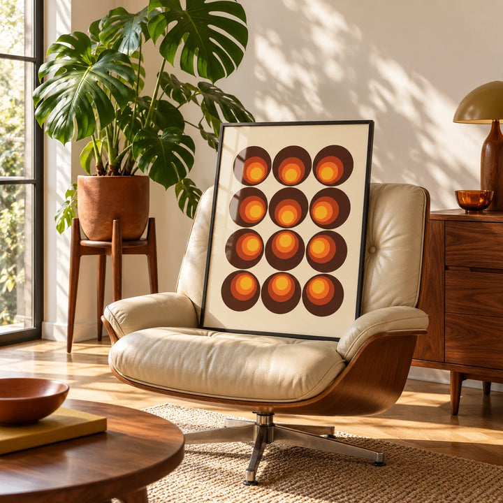 Retro Wall Art, framed on the wall of a sunny living room corner with a tall window