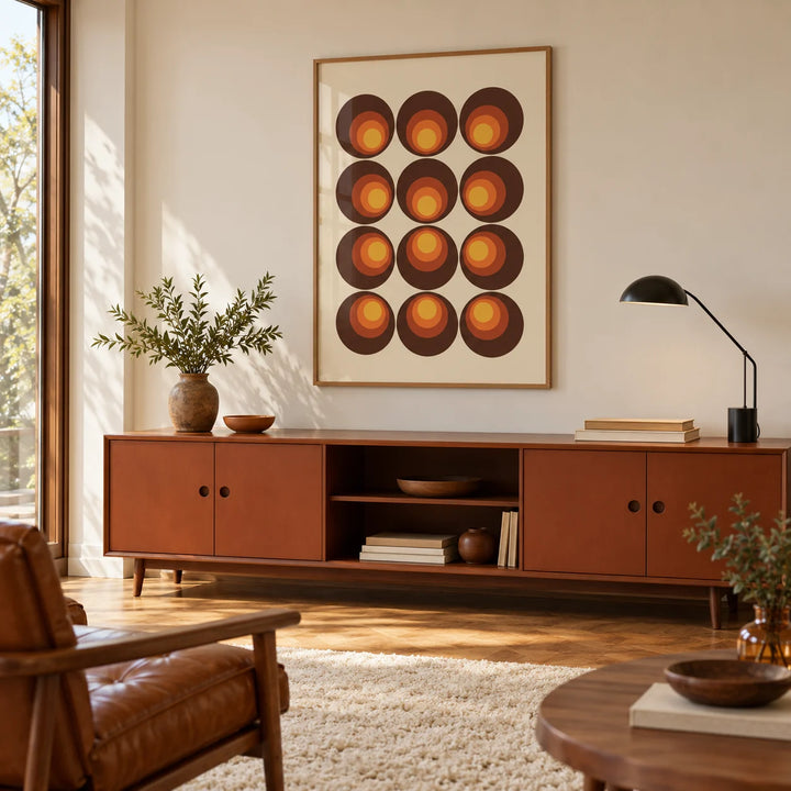 Retro Wall Art, framed on the wall of a warm minimal room with a cream wall and a shaggy cream rug in a home office