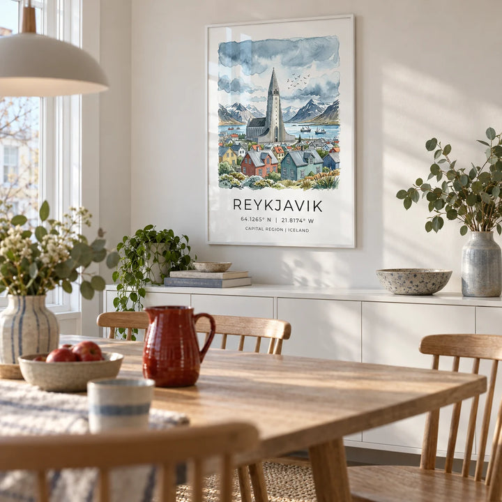 Reykjavik Watercolor Art Print, framed on the wall of a bright Nordic dining room