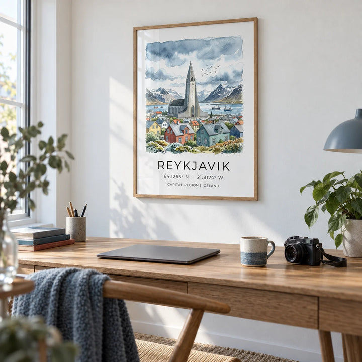 Reykjavik Watercolor Art Print, framed on the wall of a calm home office with a white wall